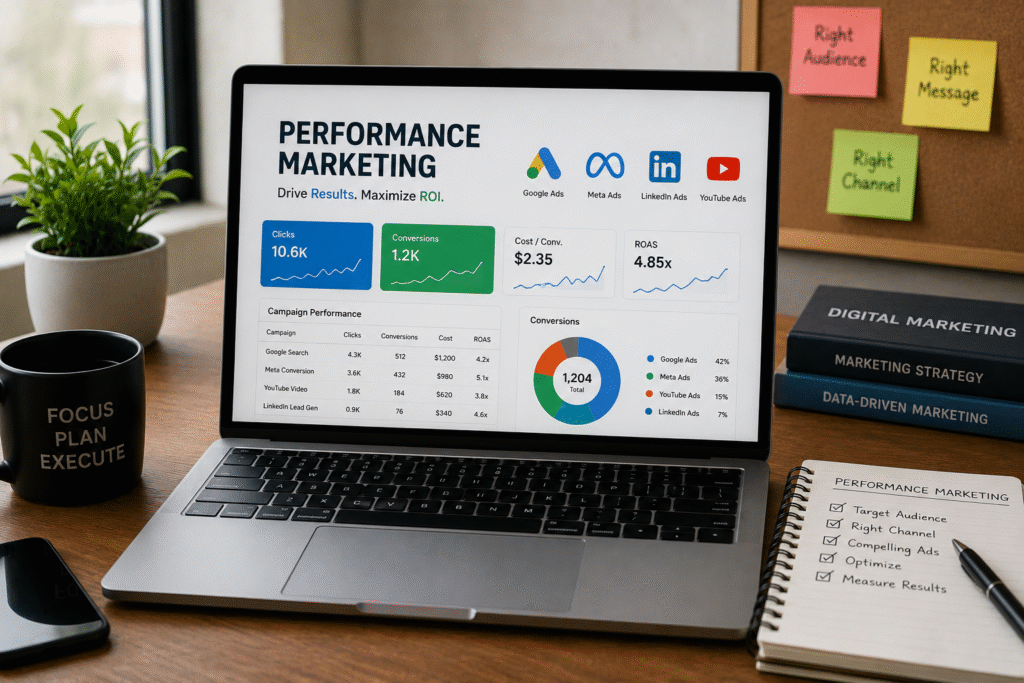 Performance marketing dashboard showing Google Ads, Meta Ads, LinkedIn Ads, YouTube Ads, campaign analytics, and ROI metrics taught at LeLogix Institute in Greater Noida.